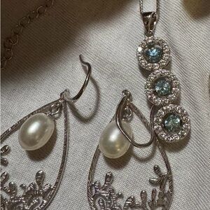 Elegant Sterling Silver with Freshwater Pearls &  glacier Blue Gemstone set